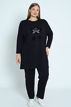 Kadın Siyah Büyük Beden Taş Detaylı Pamuklu Cepli Uzun Kollu Alt Üst Takım