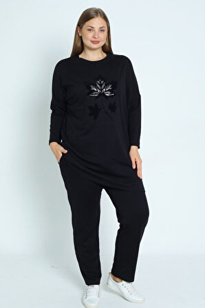 Kadın Siyah Büyük Beden Taş Detaylı Pamuklu Cepli Uzun Kollu Alt Üst Takım