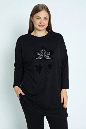 Kadın Siyah Büyük Beden Taş Detaylı Pamuklu Cepli Uzun Kollu Alt Üst Takım