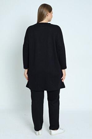 Kadın Siyah Büyük Beden Taş Detaylı Pamuklu Cepli Uzun Kollu Alt Üst Takım