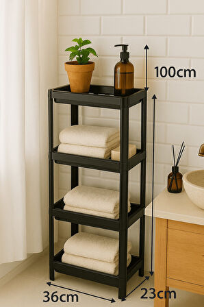 Flex Elite Pro 4 Katlı Mat Siyah Çok Amaçlı Raf Ünitesi – Banyo ve Mutfak Düzenleyici Raf & Organize