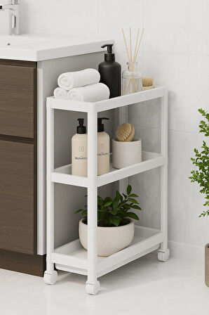 Flex Elite Pro 3 Katlı Beyaz Tekerlekli Çok Amaçlı Raf Ünitesi – Banyo, Mutfak & Organizer - S-75