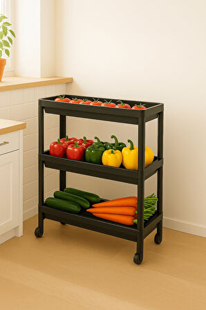 Flex Elite Pro 3 Katlı Mat Siyah Tekerlekli Çok Amaçlı Raf Ünitesi – Banyo, Mutfak & Organizer - S-8