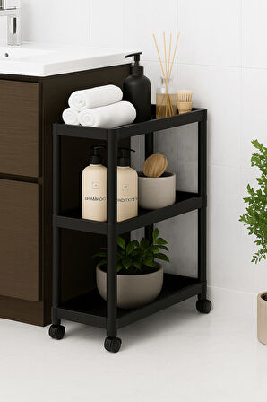 Flex Elite Pro 3 Katlı Mat Siyah Tekerlekli Çok Amaçlı Raf Ünitesi – Banyo, Mutfak & Organizer - S-8