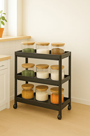 Flex Elite Pro 3 Katlı Mat Siyah Tekerlekli Çok Amaçlı Raf Ünitesi – Banyo, Mutfak & Organizer - S-8