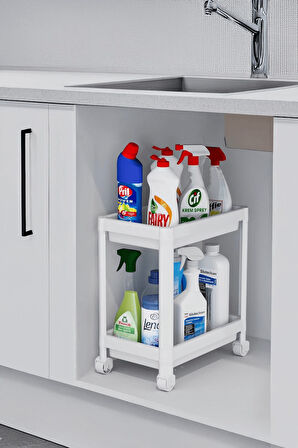 Flex Elite Pro 2 Katlı Beyaz Tekerlekli Çok Amaçlı Banyo & Mutfak Düzenleyici Raf - Evye Altı Deterj