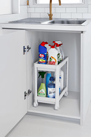 Flex Elite Pro 2 Katlı Beyaz Tekerlekli Çok Amaçlı Banyo & Mutfak Düzenleyici Raf - Evye Altı Deterj