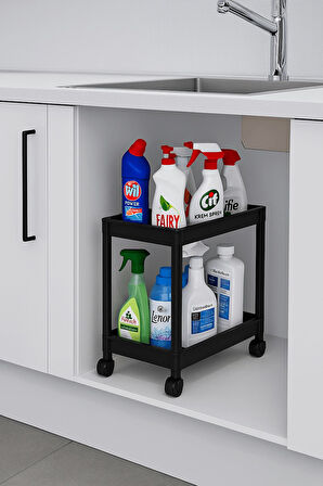 Flex Elite Pro 2 Katlı Siyah Tekerlekli Çok Amaçlı Banyo & Mutfak Düzenleyici Raf – Evye Altı Deterj