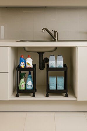 Flex Elite Pro 2 Katlı Siyah Tekerlekli Çok Amaçlı Banyo & Mutfak Düzenleyici Raf – Evye Altı Deterj