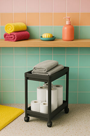 Flex Elite Pro 2 Katlı Siyah Tekerlekli Çok Amaçlı Banyo & Mutfak Düzenleyici Raf – Evye Altı Deterj