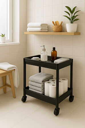Flex Elite Pro 2 Katlı Siyah Tekerlekli Çok Amaçlı Banyo & Mutfak Düzenleyici Raf – Evye Altı Deterj