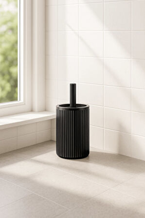 Lines Serisi Siyah Banyo Seti, 2 Parça Akrilik Silindir 5 Litre Çöp Kovası ve Tuvalet Fırçası Takımı