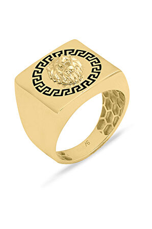 Kare Motifli Altın Aslan Yüzük