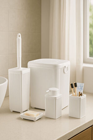 Lines Serisi Beyaz Banyo Seti, 5 Parça Akrilik Kare 5 Litre Çöp Kovası, Sabunluk, Fırçalık Takımı 34