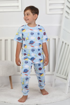 Kısa Kollu Planet Pattern Erkek Çocuk Pijama Takımı