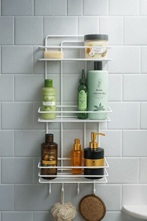 Paslanmaz Beyaz Yapışkanlı Banyo Duş Rafı Şampuanlık 3 Katlı, 4 Kancalı, Dayanıklı, Şık Düzenleyici 