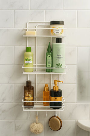 Paslanmaz Beyaz Yapışkanlı Banyo Duş Rafı Şampuanlık 3 Katlı, 4 Kancalı, Dayanıklı, Şık Düzenleyici 