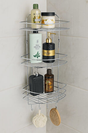 Paslanmaz Krom Yapışkanlı Banyo Köşeliği Düzenleyici, Şampuanlık, Duş Rafı 3 Katlı - 4 Kancalı - EK-