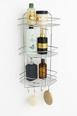 Paslanmaz Krom Yapışkanlı Banyo Köşeliği Düzenleyici, Şampuanlık, Duş Rafı 3 Katlı - 4 Kancalı - EK-