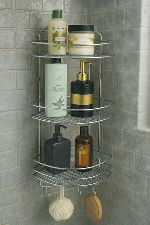 Paslanmaz Krom Yapışkanlı Banyo Köşeliği Düzenleyici, Şampuanlık, Duş Rafı 3 Katlı - 4 Kancalı - EK-