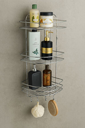 Paslanmaz Krom Yapışkanlı Banyo Köşeliği Düzenleyici, Şampuanlık, Duş Rafı 3 Katlı - 4 Kancalı - EK-