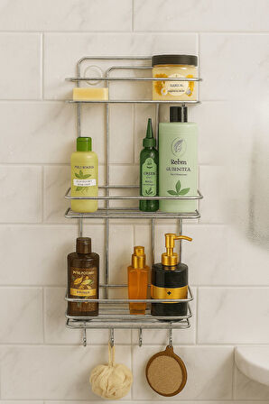 Paslanmaz Krom Yapışkanlı Banyo Duş Rafı Şampuanlık 3 Katlı, 4 Kancalı, Dayanıklı, Şık Düzenleyici -