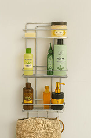 Paslanmaz Krom Yapışkanlı Banyo Duş Rafı Şampuanlık 3 Katlı, 4 Kancalı, Dayanıklı, Şık Düzenleyici -