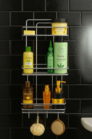 Paslanmaz Krom Yapışkanlı Banyo Duş Rafı Şampuanlık 3 Katlı, 4 Kancalı, Dayanıklı, Şık Düzenleyici -