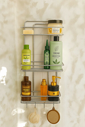 Paslanmaz Krom Yapışkanlı Banyo Duş Rafı Şampuanlık 3 Katlı, 4 Kancalı, Dayanıklı, Şık Düzenleyici -