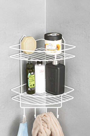 Paslanmaz Beyaz Yapışkanlı Banyo Köşeliği Düzenleyici, Şampuanlık, Duş Rafı 2 Katlı - 4 Kancalı - EK
