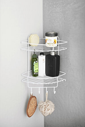 Paslanmaz Beyaz Yapışkanlı Banyo Köşeliği Düzenleyici, Şampuanlık, Duş Rafı 2 Katlı - 4 Kancalı - EK