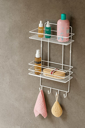 2 Katlı Beyaz Kancalı Banyo Duş Rafı, Şampuanlık, Lif/Kese Askılı, Paslanmaz Metal, Banyo Düzenleyic