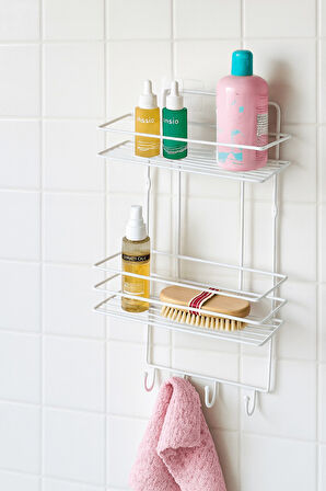 2 Katlı Beyaz Kancalı Banyo Duş Rafı, Şampuanlık, Lif/Kese Askılı, Paslanmaz Metal, Banyo Düzenleyic