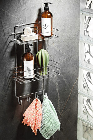 2 Katlı Krom Kancalı Banyo Duş Rafı, Şampuanlık, Lif/Kese Askılı, Paslanmaz Metal, Banyo Düzenleyici