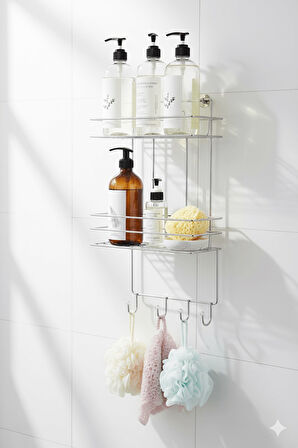 2 Katlı Krom Kancalı Banyo Duş Rafı, Şampuanlık, Lif/Kese Askılı, Paslanmaz Metal, Banyo Düzenleyici