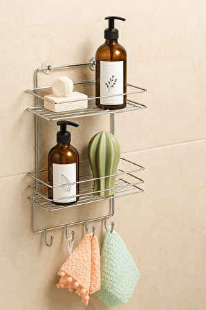 2 Katlı Krom Kancalı Banyo Duş Rafı, Şampuanlık, Lif/Kese Askılı, Paslanmaz Metal, Banyo Düzenleyici