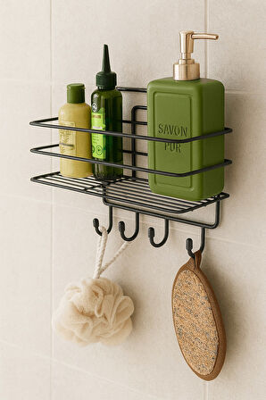 Paslanmaz Siyah Yapışkanlı Banyo Duş Rafı Şampuanlık, 4 Kancalı, Dayanıklı, Şık Düzenleyici - TŞ-01