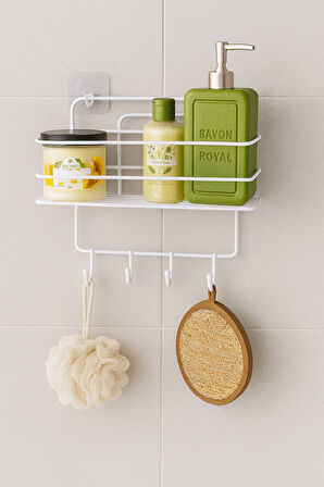 Paslanmaz Beyaz Yapışkanlı Banyo Duş Rafı Şampuanlık, 4 Kancalı, Dayanıklı, Şık Düzenleyici - TŞ-01