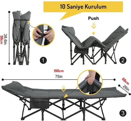 EFSANE KAMP - Konfor Ultralight Kampet Portatif Kamp Yatağı Gri - 190x68x35cm