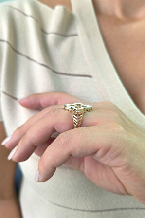 Altın Beyaz Mineli Yonca Yüzük