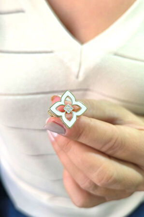 Altın Beyaz Mineli Yonca Yüzük