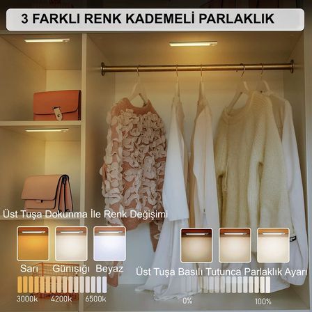 Sensörlü Alüminyum USB Şarjlı LED Gece Lambası, 3 Renk Kısılabilir, Mutfak Dolap Tezgah için (60 cm)