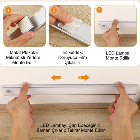 Sensörlü Alüminyum USB Şarjlı LED Gece Lambası, 3 Renk Kısılabilir, Mutfak Dolap Tezgah için (60 cm)