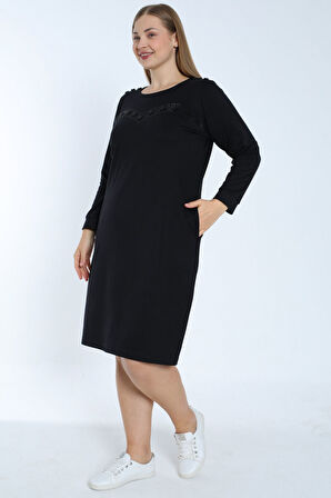 Kadın siyah büyük beden uzun kollu taş detaylı cepli pamuklu elbise