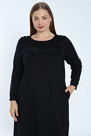Kadın siyah büyük beden uzun kollu taş detaylı cepli pamuklu elbise