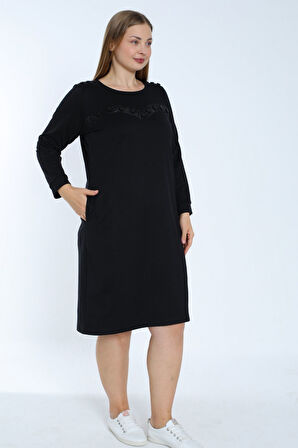 Kadın siyah büyük beden uzun kollu taş detaylı cepli pamuklu elbise