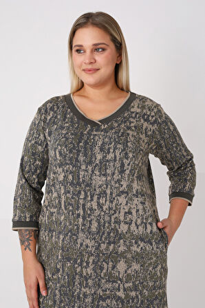 Haki Desenli Truvakar Kollu Cepli Jakarlı V Yaka Kadın Büyük Beden Elbise