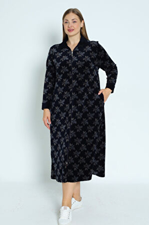 Desenli Lacivert Fermuarlı Uzun Kollu Pamuklu Kadife Uzun Kadın Büyük Beden Elbise