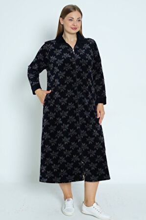 Desenli Lacivert Fermuarlı Uzun Kollu Pamuklu Kadife Uzun Kadın Büyük Beden Elbise