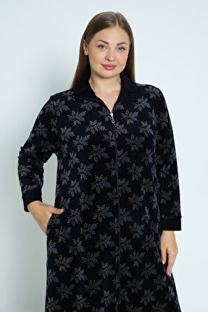 Desenli Lacivert Fermuarlı Uzun Kollu Pamuklu Kadife Uzun Kadın Büyük Beden Elbise